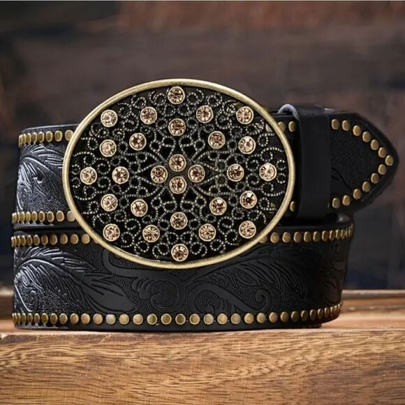 Fashion Vegan Black Leather Belt Boho Western Style Embossed Pattern Size XL - Picture 7 of 7